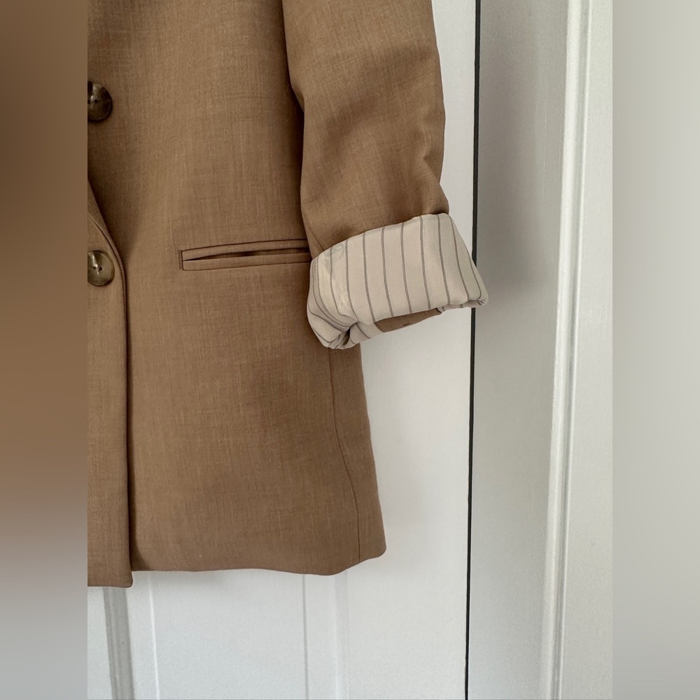 Anthropologie Maeve Double Breasted Boyfriend Shoulder Pads Camel Blazer Size 4 - Picture 4 of 12